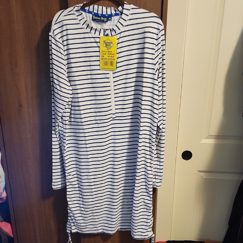 🎊 SALE 🎉Banana Boat Women's Striped Half Zipper White Navy Swim Dress Size XXL